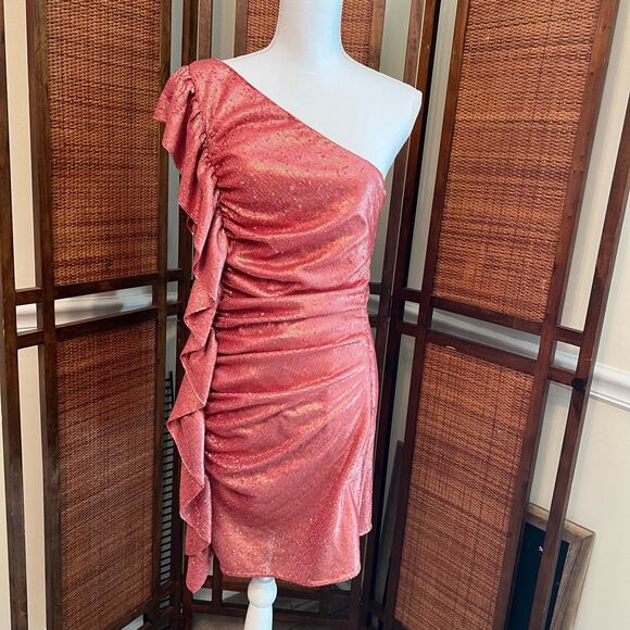 NWT Revolve C/Meo Collective Pink Sequin One-Shoulder Sheath Dress Ruffled Sz L - Picture 2 of 12